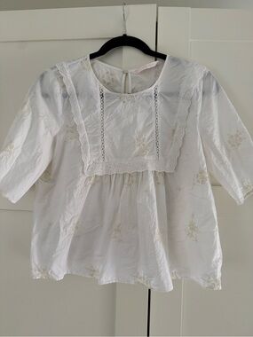 Zara Cream Embroidered Cotton Peasant Top